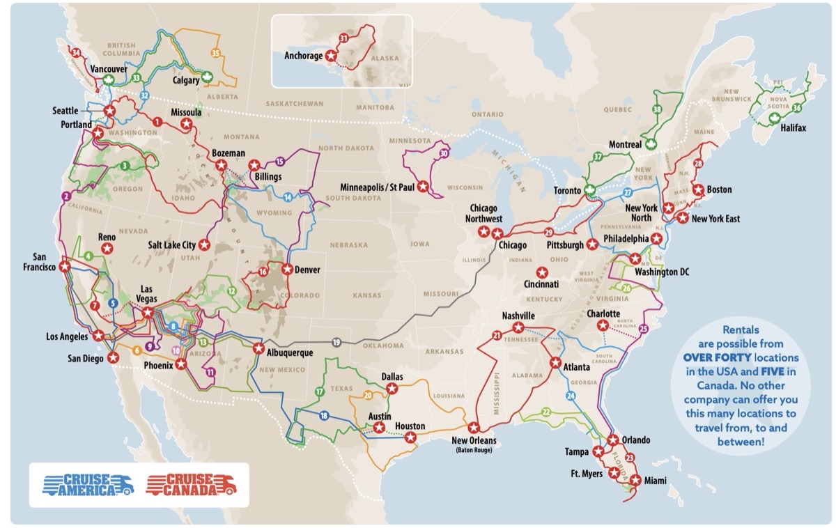 Mapa de rutas en autocaravana por USA y Canadá - Cruise America